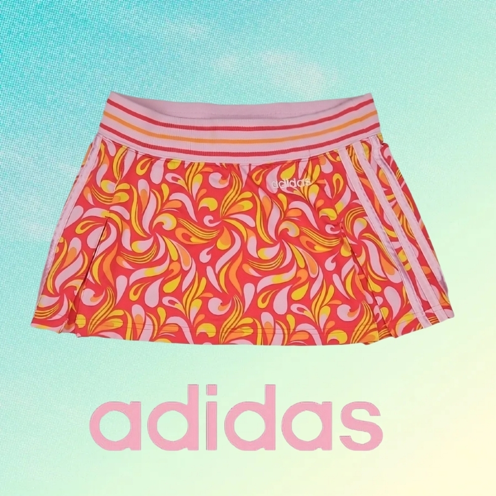 Adidas Athletic Mini Skirt Sport Orange Pink Floral 3 Stripes Skirt